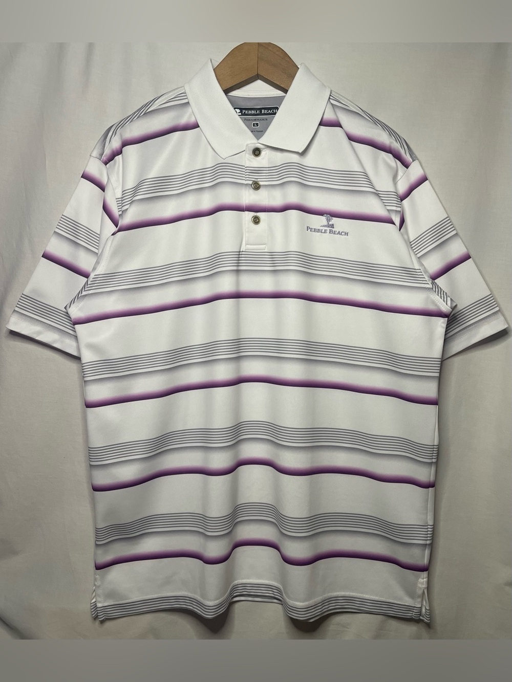 Pebble Beach White Polo with Purple & Gray Stripes